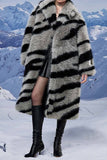 Dark Grey Zebra Pattern Imitation Oversized Long Faux Fur Shearling Coat