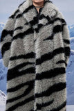 Dark Grey Zebra Pattern Imitation Oversized Long Faux Fur Shearling Coat