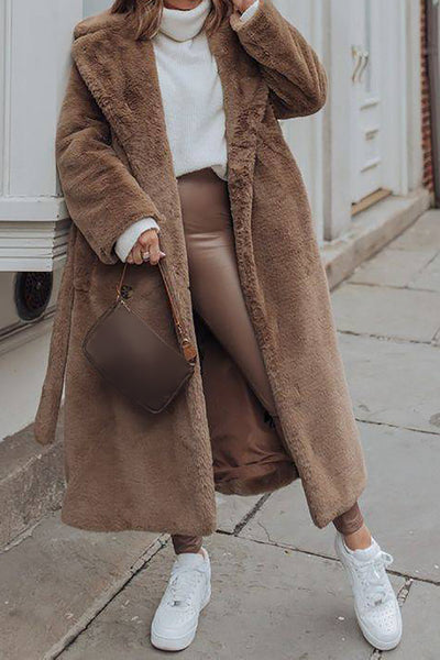 Zapaka Khaki Faux Fur Shearling Long Open Front Coat with Belt ZAPAKA