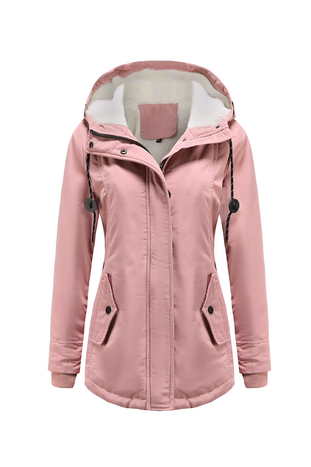 Winter Black Hooded Drawstring ZipperThickened Padded Jacket