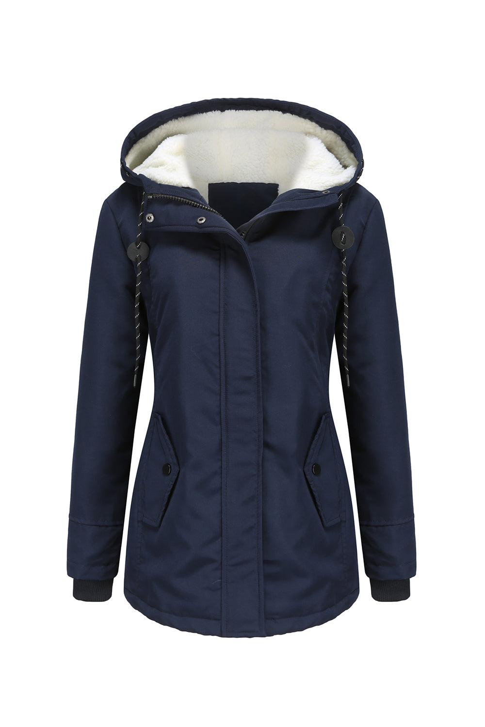 Winter Black Hooded Drawstring ZipperThickened Padded Jacket