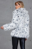 White Leopard Print Lapel Neck Faux Fur Women Coat