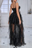 Glitter Black Corset Spaghetti Straps Long Formal Dress with Ruffles