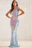 Blue One Shoulder Glitter Mermaid Prom Dress