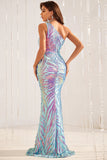 Blue One Shoulder Glitter Mermaid Prom Dress