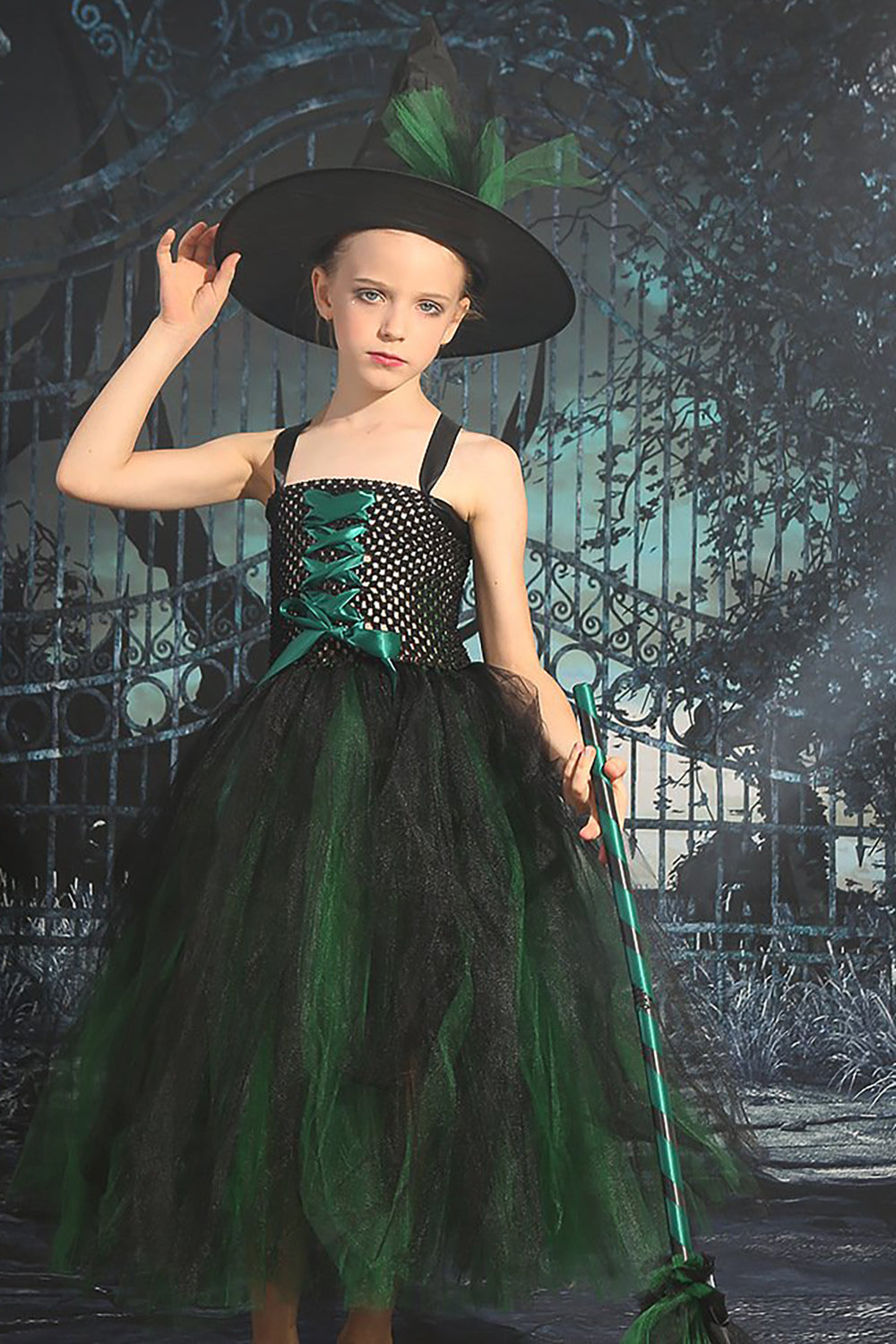 Dark Green Lace-Up Front Tulle Halloween Girl Dress