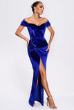 Off the Shoulder Royal Blue Velvet Holiday Party Dress with Slit