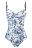 Blue Printed High Waist One Piece Swimwear