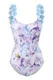 Blue Printed High Waist One Piece Swimwear with Flowers