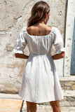 White Square Neck Mini Graduation Dress With Short Sleeves