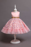 A Line Jewel Neck Pink Girl Party Dress with Appliques