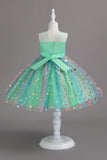 A Line Jewel Neck Blush Girl Party Dress with Bowknot