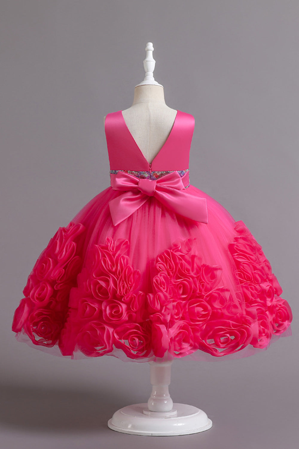 Fuchsia A Line Sequin Flower Girls' Party Dress With Bow