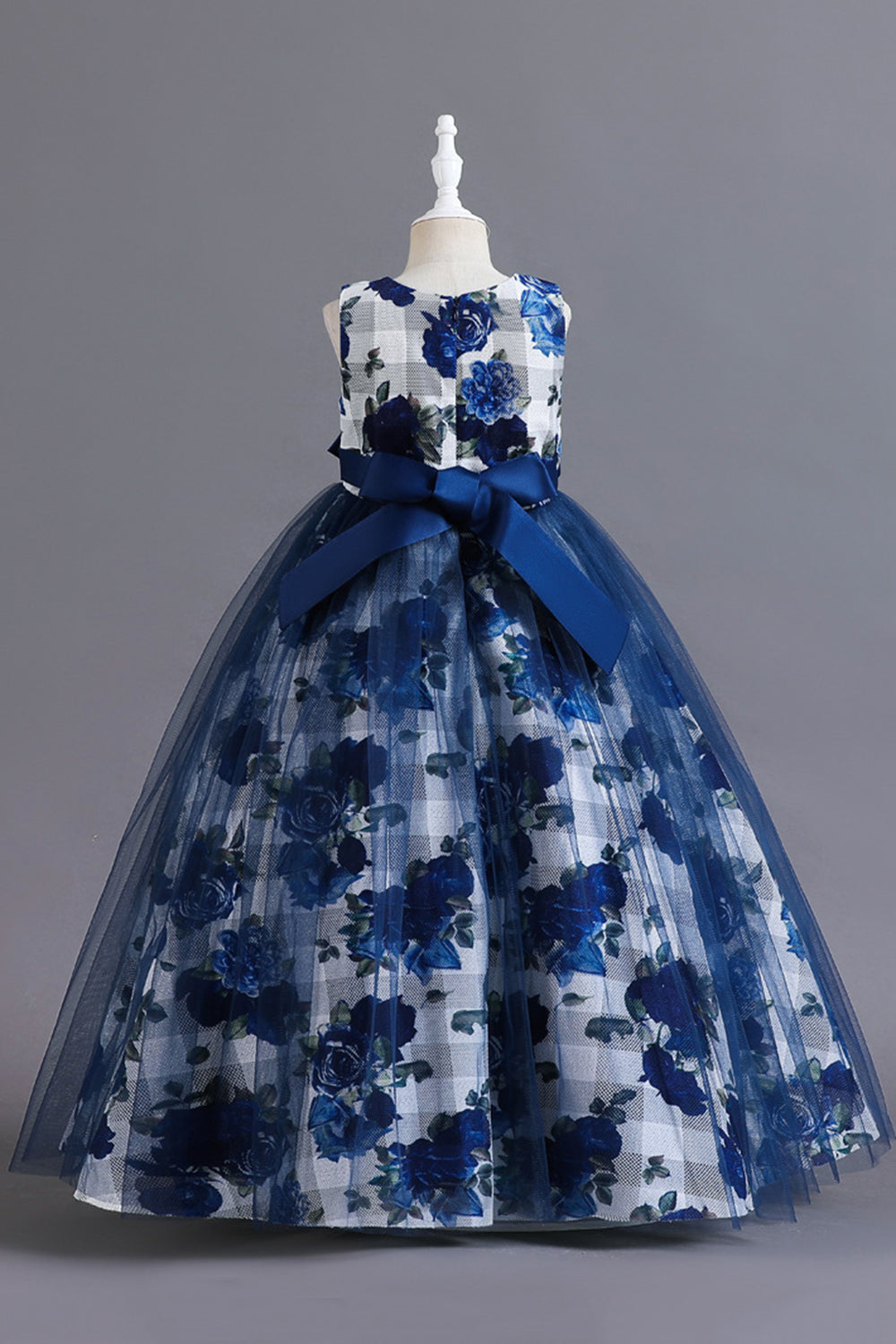Blue Flower Tulle Long Girls' Dress With Ruffles