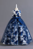 Blue Flower Tulle Long Girls' Dress With Ruffles