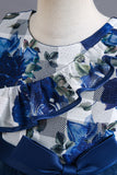 Blue Flower Tulle Long Girls' Dress With Ruffles