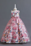 Blue Flower Tulle Long Girls' Dress With Ruffles