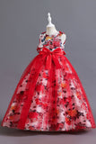 Blue Flower Tulle Long Girls' Dress With Ruffles