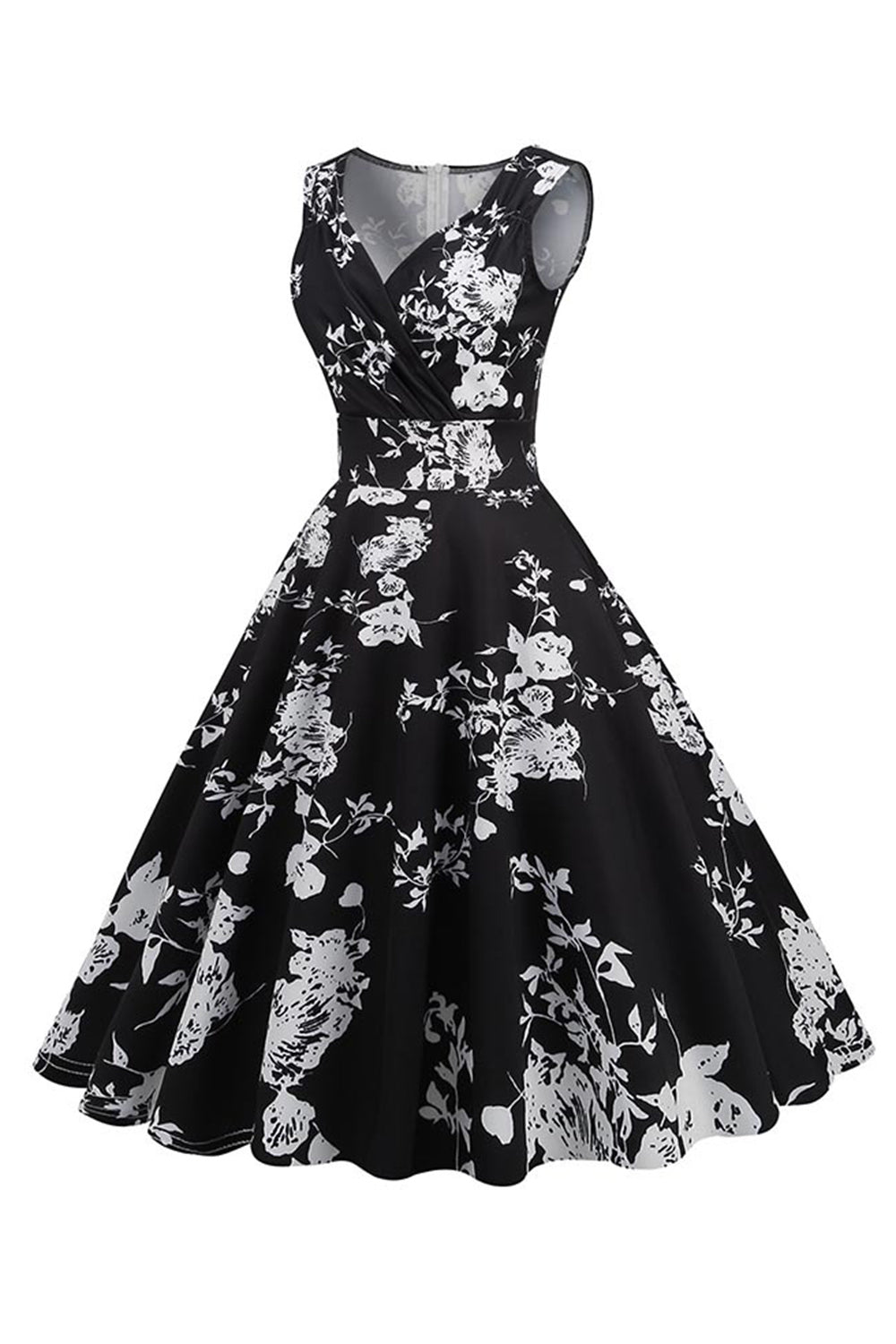 Black V Neck Print Sleeveless 1950s Dress