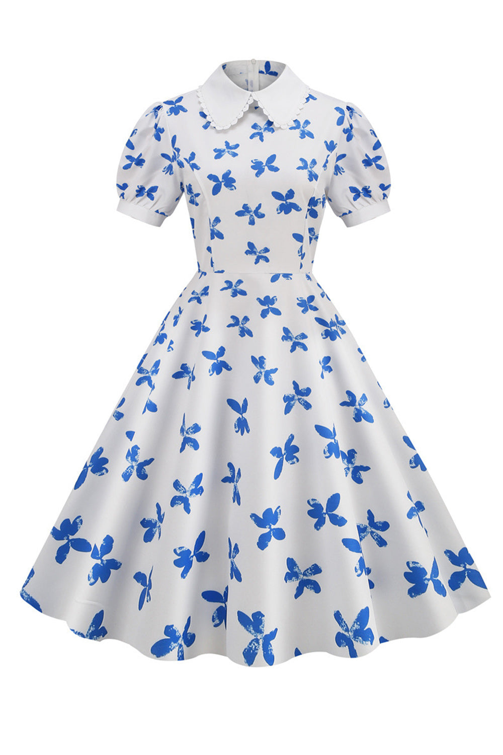 White Print Short Sleeves Vintage Dress