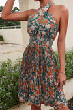 Halter Neck Green Flower Print Summer Dress