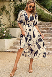 Black V Neck Printed Half Sleeves Summer Dress