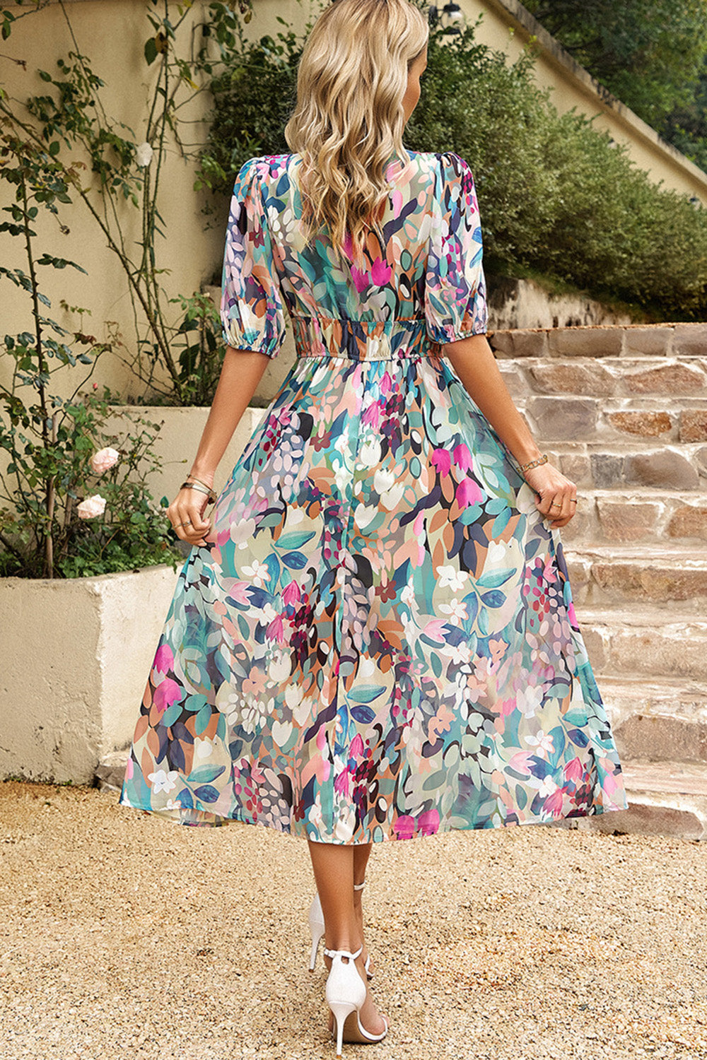 Black V Neck Printed Half Sleeves Summer Dress