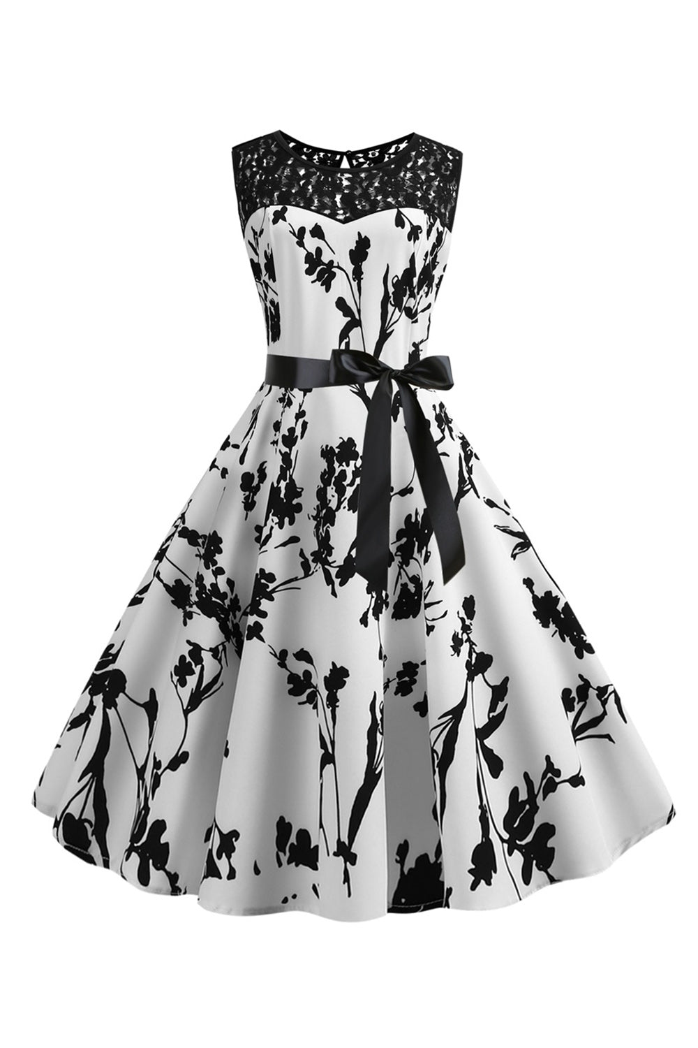 Boat Neck Sleeveless Printed White 1950s Dress with Sash