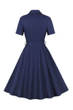 Navy Short Sleeves Button 1950s Dress