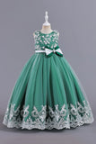 Pink Sleeveless Round Neck Applique Girls Dresses With Bowknot