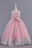 Pink Sleeveless Round Neck Applique Girls Dresses With Bowknot