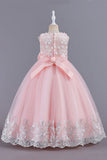 Pink Sleeveless Round Neck Applique Girls Dresses With Bowknot