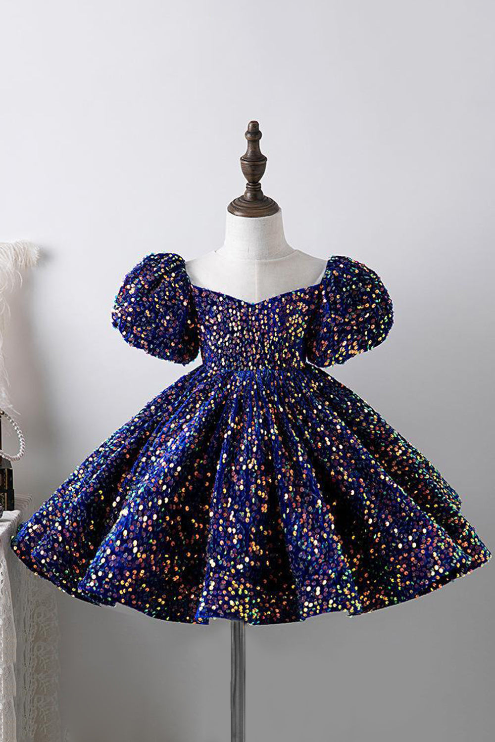 Blue A Line Puff Sleeves Sequins Girls Dresses