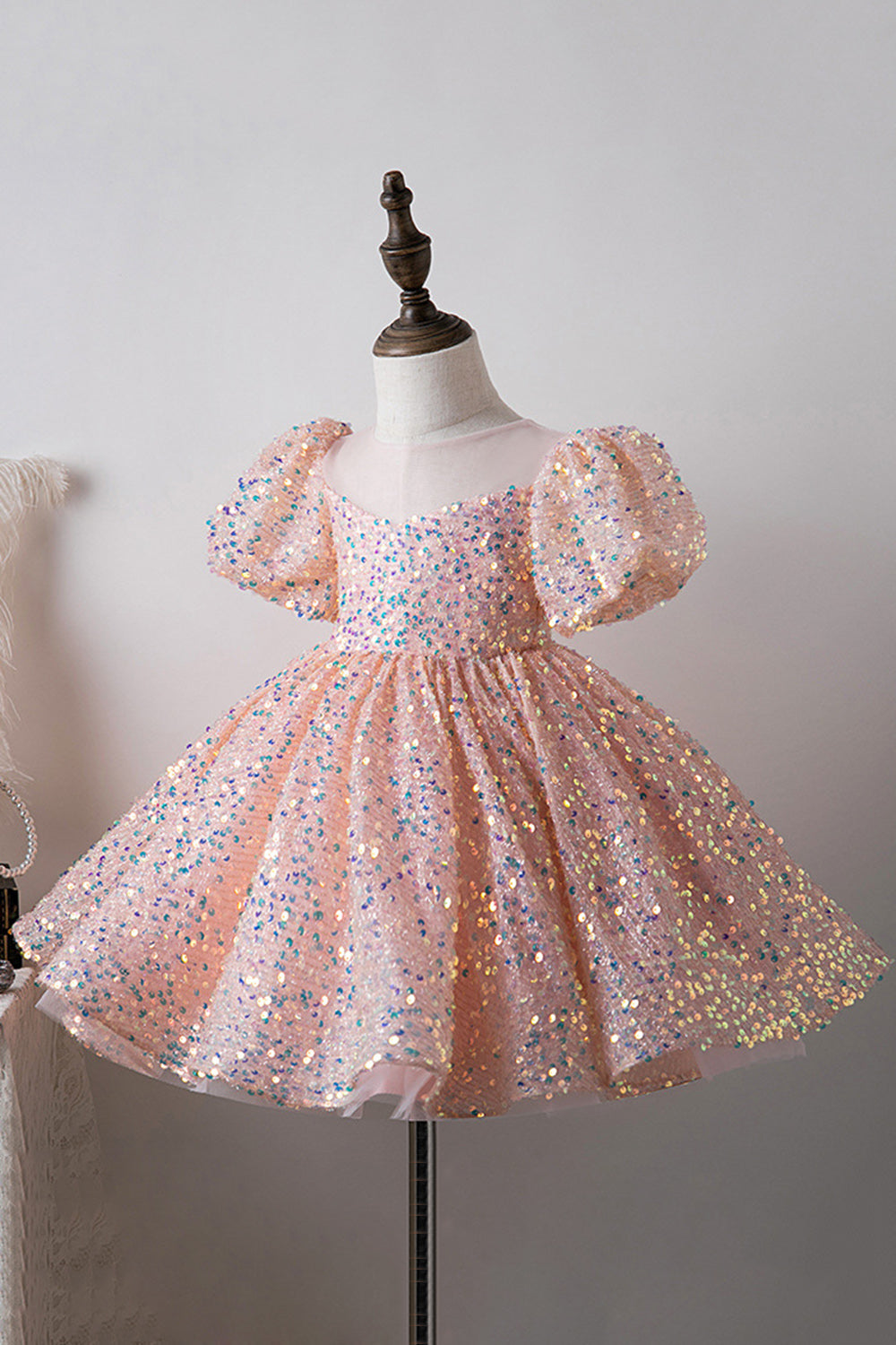 Blue A Line Puff Sleeves Sequins Girls Dresses