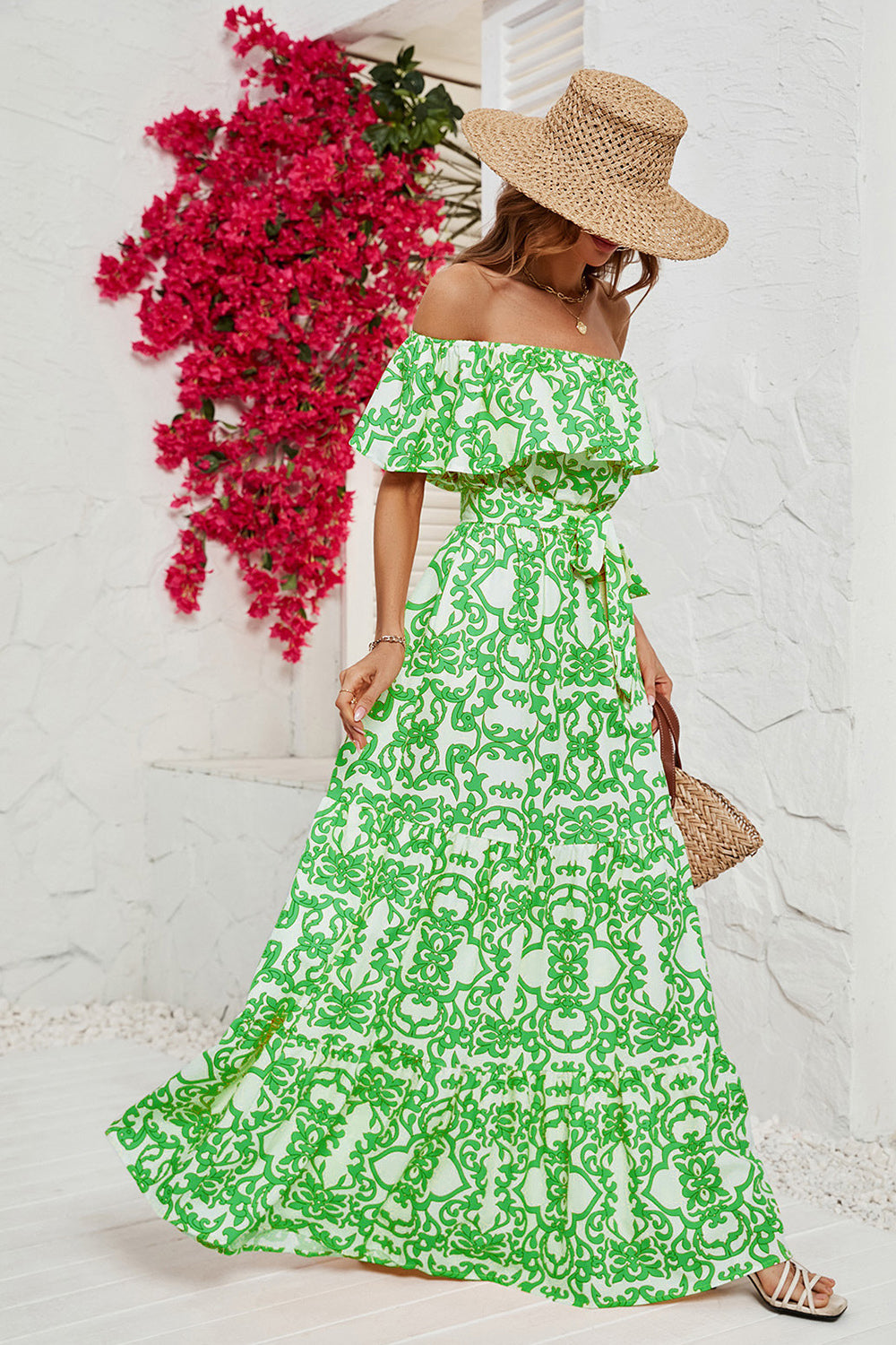 Yellow Printed Off the Shoulder Long Summer Dress