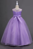 Tulle A-Line Round Neck Green Girls Dresses with Appliques