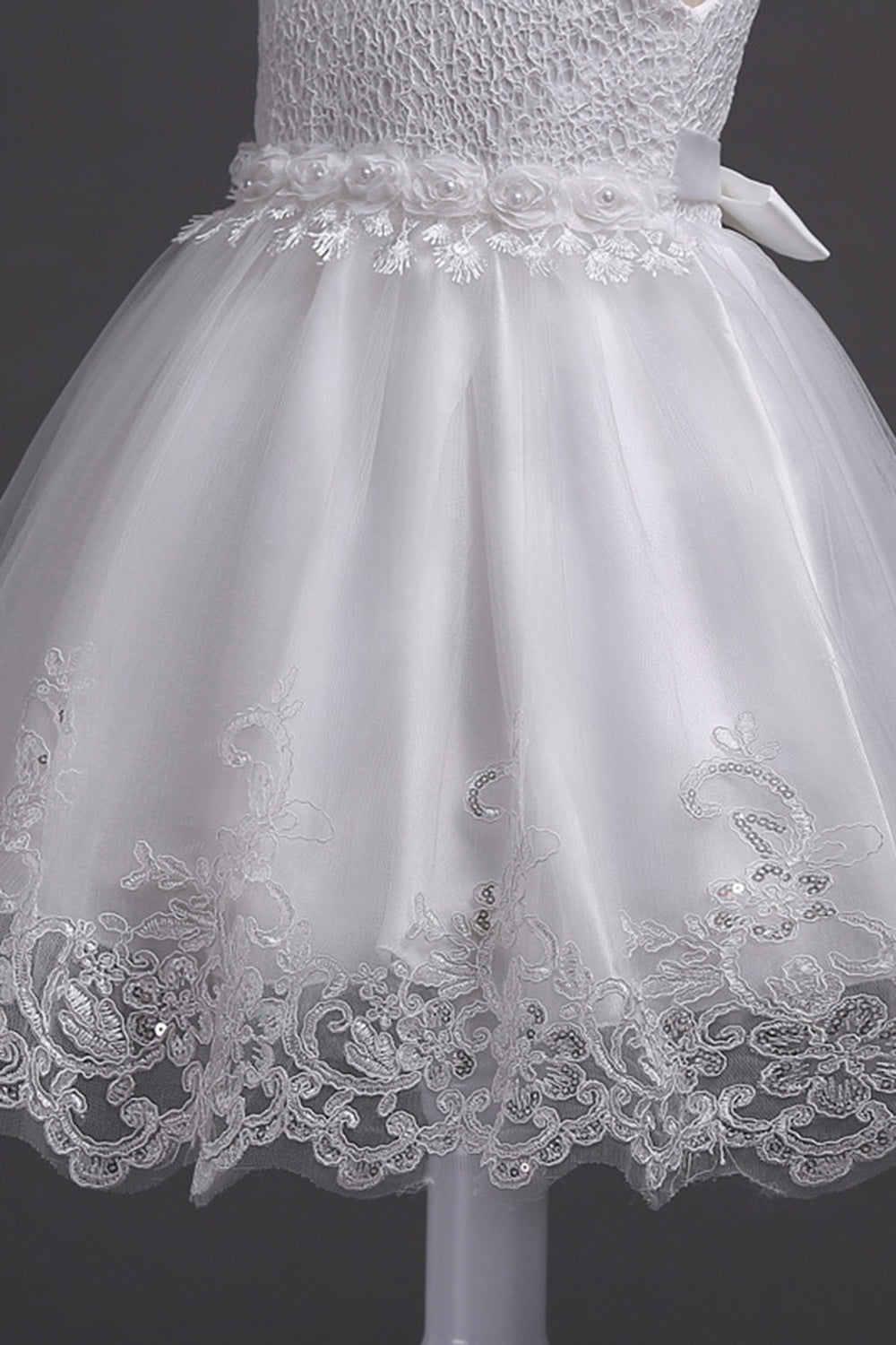 White Round Neck Beading A Line Girls Dresses