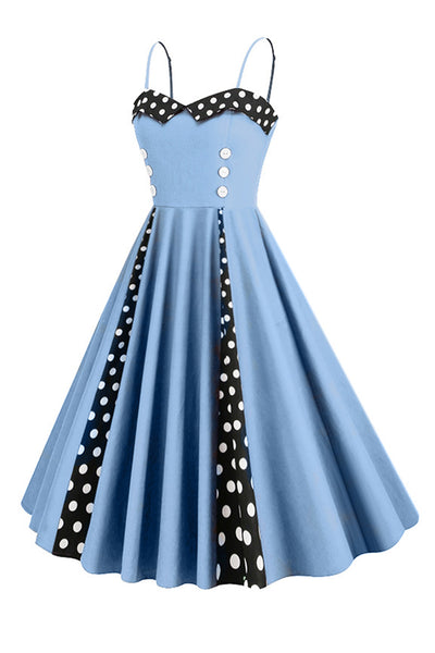 Zapaka Women Light Blue 1950s Dress Polka Dots Spaghetti Straps Vintage Dress, Red / M