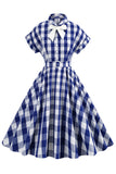 Pink Plaid Bowknot 1950s Dress With Short Sleeves