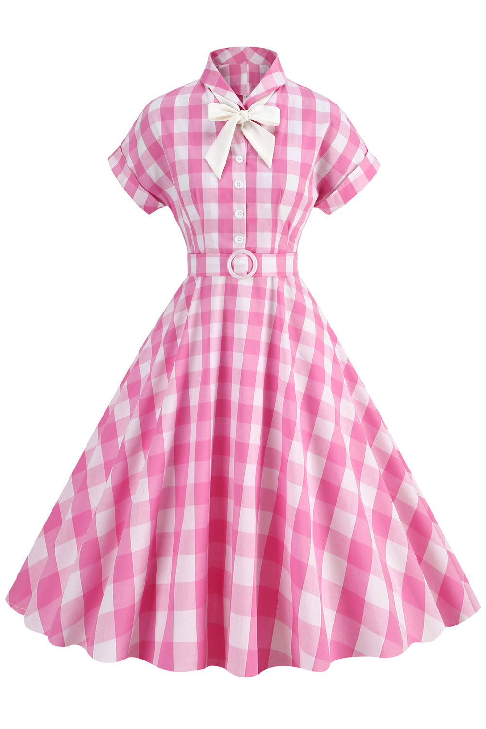 Pink Plaid Bowknot 1950s Dress With Short Sleeves