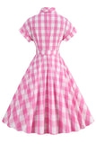 Pink Plaid Bowknot 1950s Dress With Short Sleeves