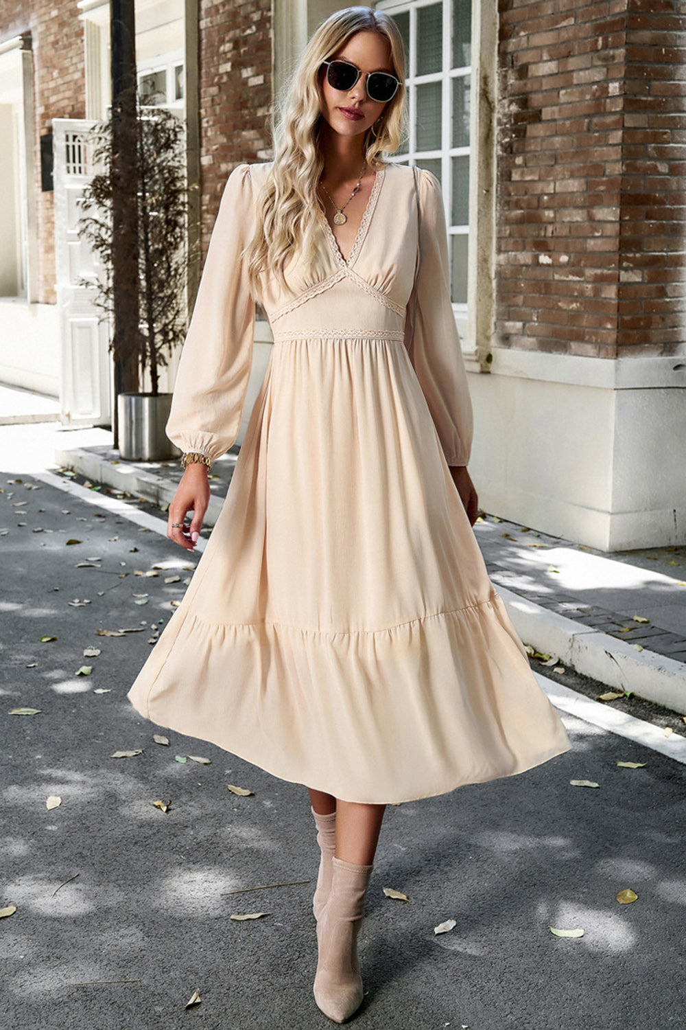 Pink Long Sleeves A Line Casual Dress