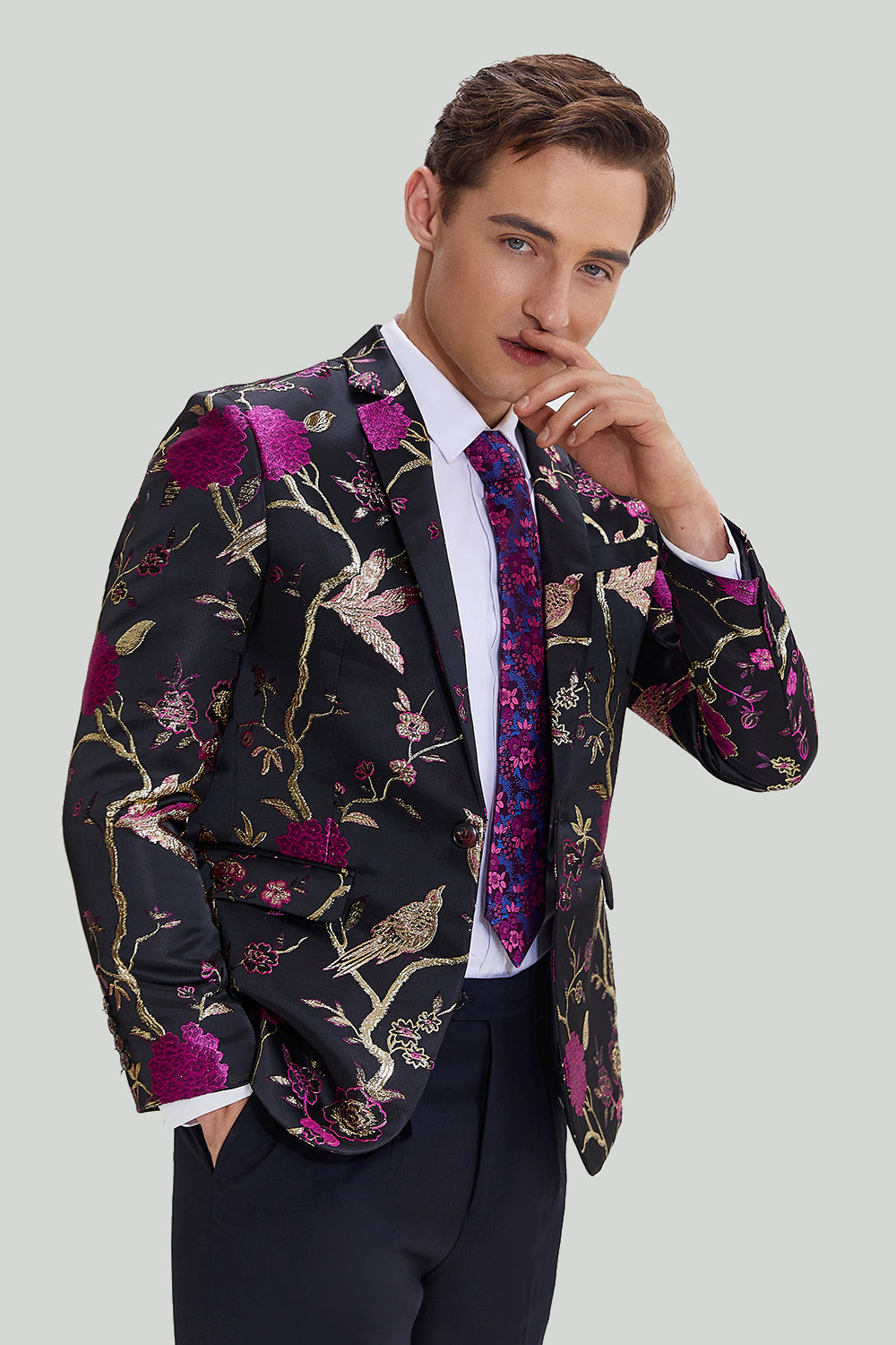 Black Jacquard Satin Notched Lapel Homecoming Blazer