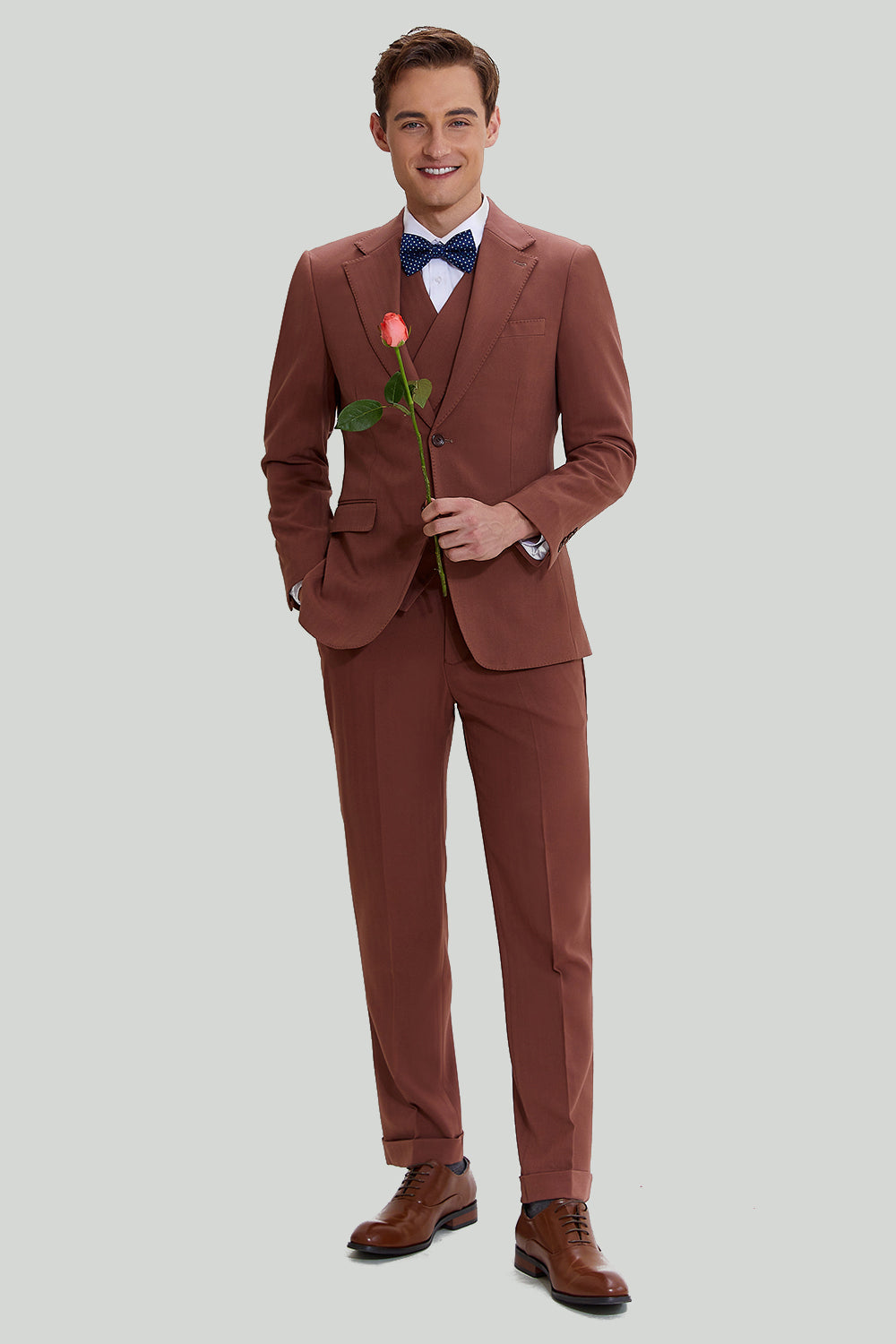 Tan Notched Lapel 3 Piece Single Breasted Party Suits