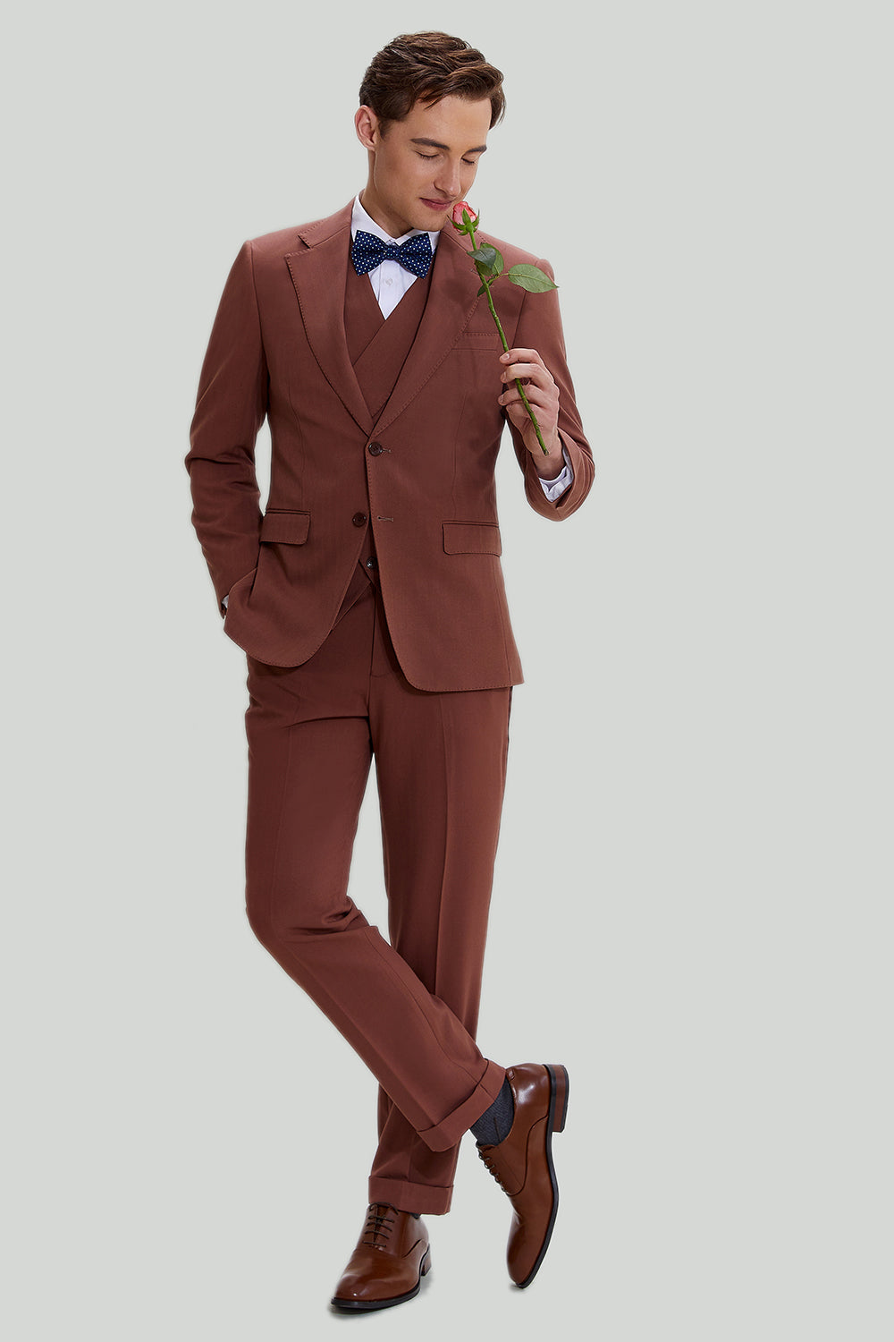 Tan Notched Lapel 3 Piece Single Breasted Party Suits