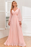 Chiffon V-Neck Blush Formal Dress with Long Sleeves