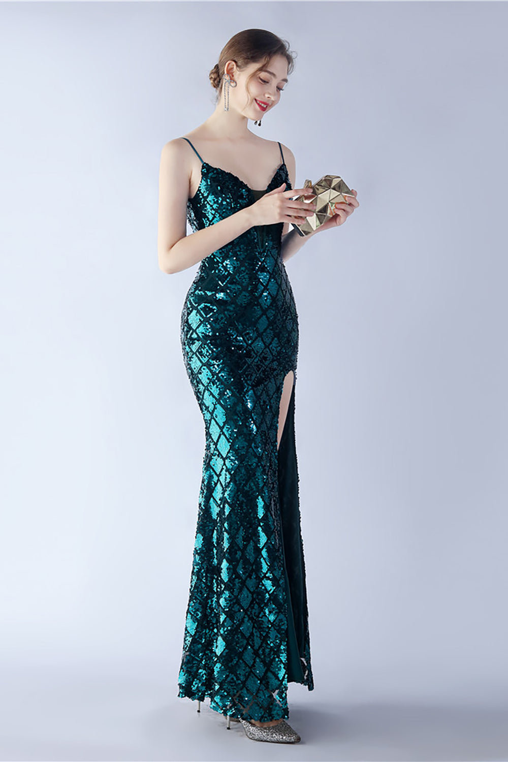Burgundy Spaghetti Straps V-neck Swquin Sheath Formal Dress with Slit