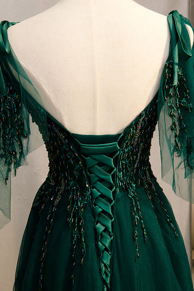 ZAPAKA Women Dark Green Prom Dress with Beading A-Line