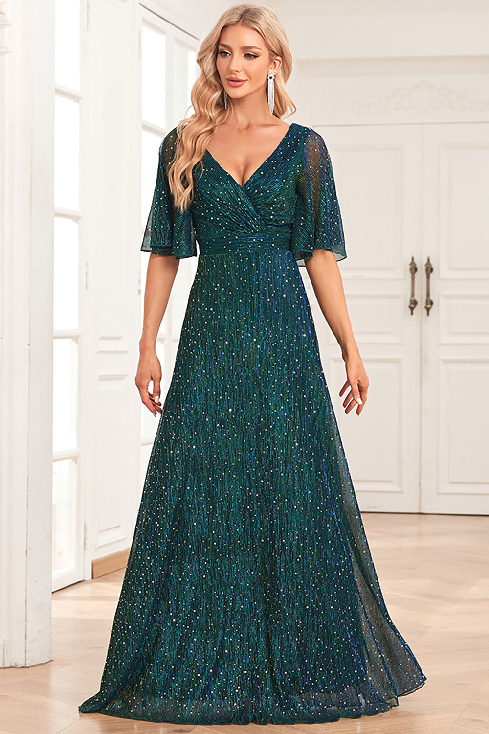 Sparkly V-Neck Peacock Prom Dress