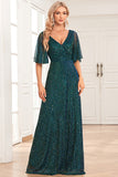 Sparkly V-Neck Peacock Prom Dress